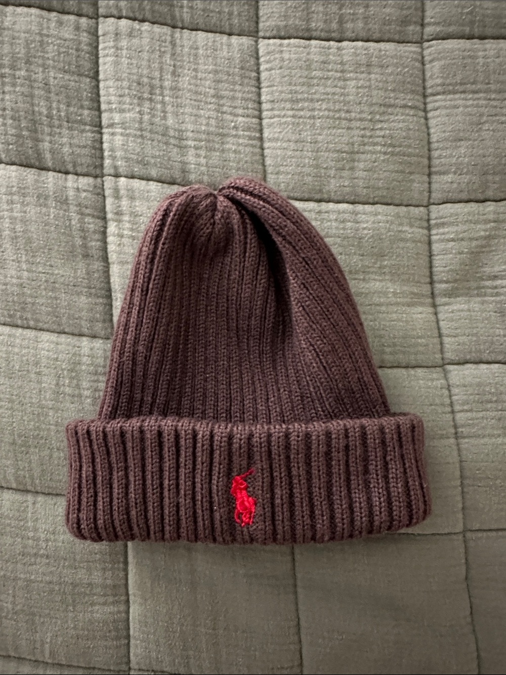Polo by Ralph Lauren Brown Rib-Knit Cuffed Beanie with Red Logo